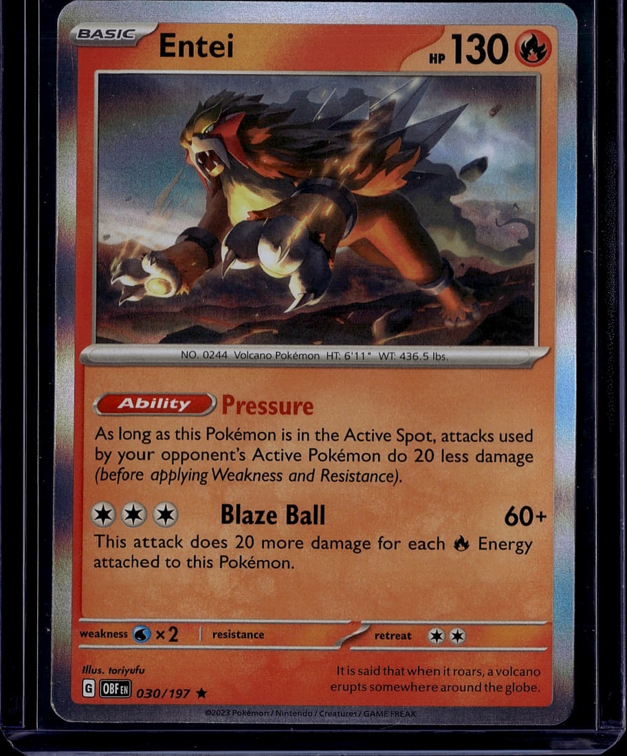 Entei 030/197 Obsidian Flames Pokemon Card - HP: This is a raw Entei Pokemon card from the 2023 Obsidian Flames set, card number 030/197. Entei is a Volcano Pokemon with 130 HP and Fire-type energy requirements. The card features the iconic