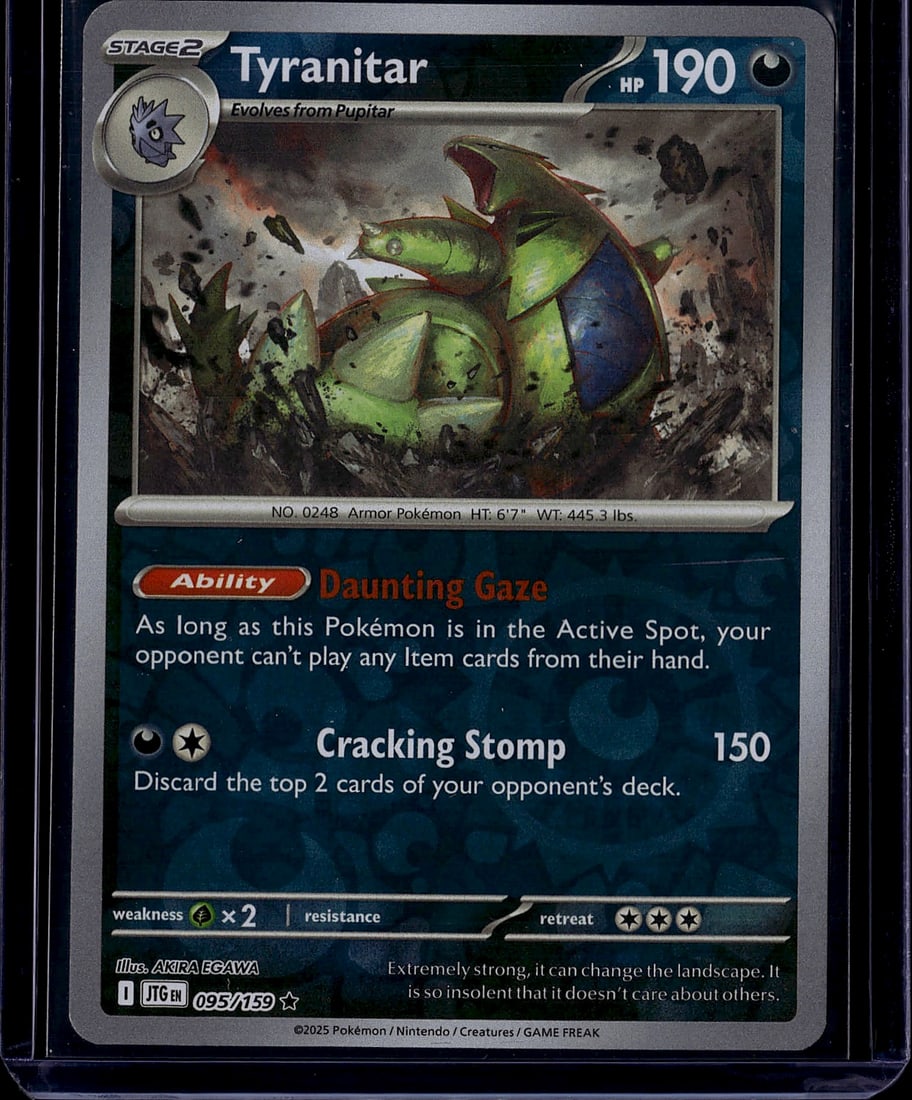 2025 Pokemon Scarlet Violet Journey Together: Tyranitar is a Darkness-type Stage 2 Pokemon card from the SV9 Journey Together expansion, released March 28, 2025. It features 190 HP and the Daunting Gaze Ability, which prevents the opponent from p