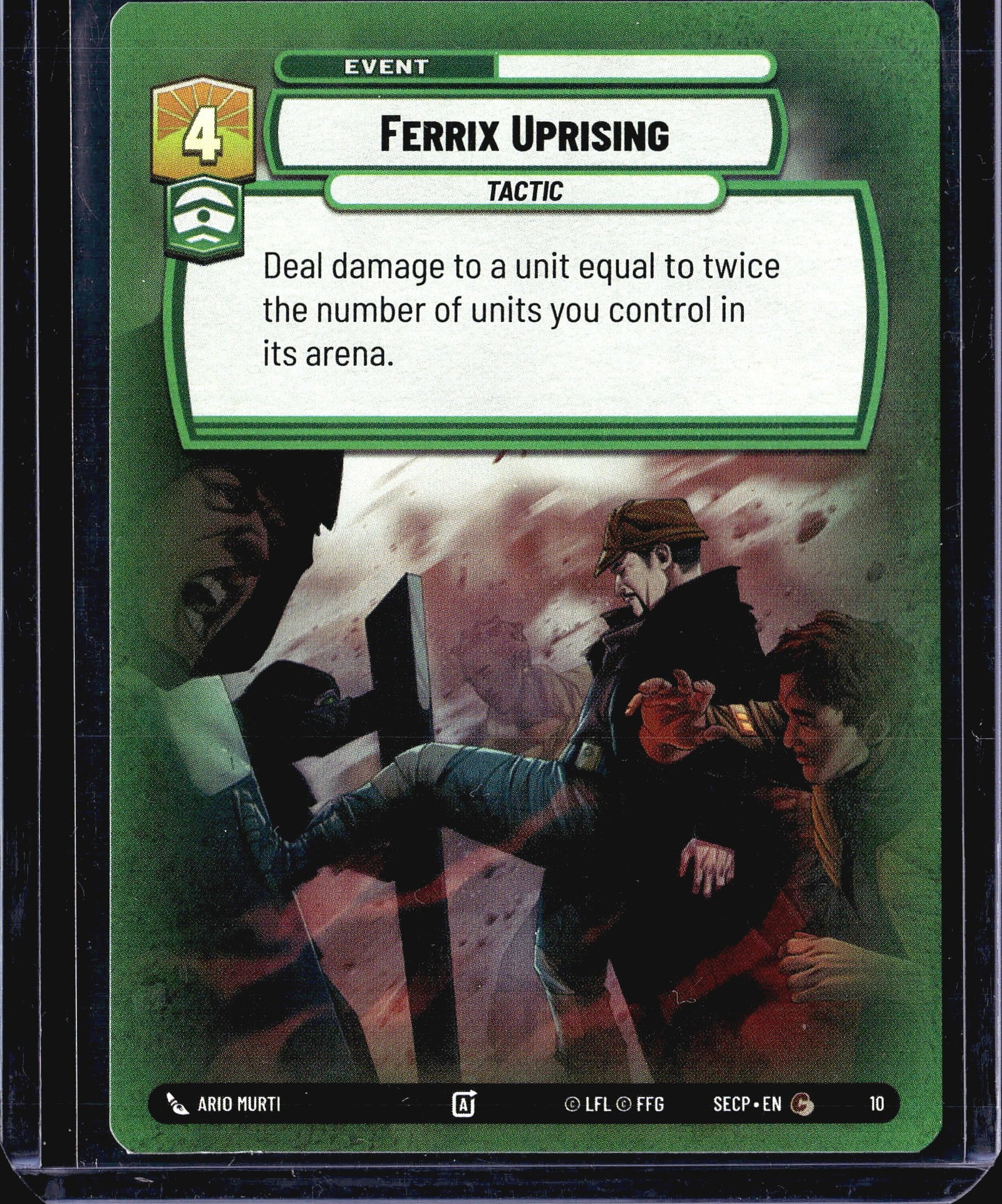 2024 FFG Star Wars Unlimited Spark of Rebellion: Ferrix Uprising is card #10 from the Star Wars Unlimited trading card game, published by Fantasy Flight Games (FFG) under license from Lucasfilm (LFL). This is an Event card with the Tactic subtype,