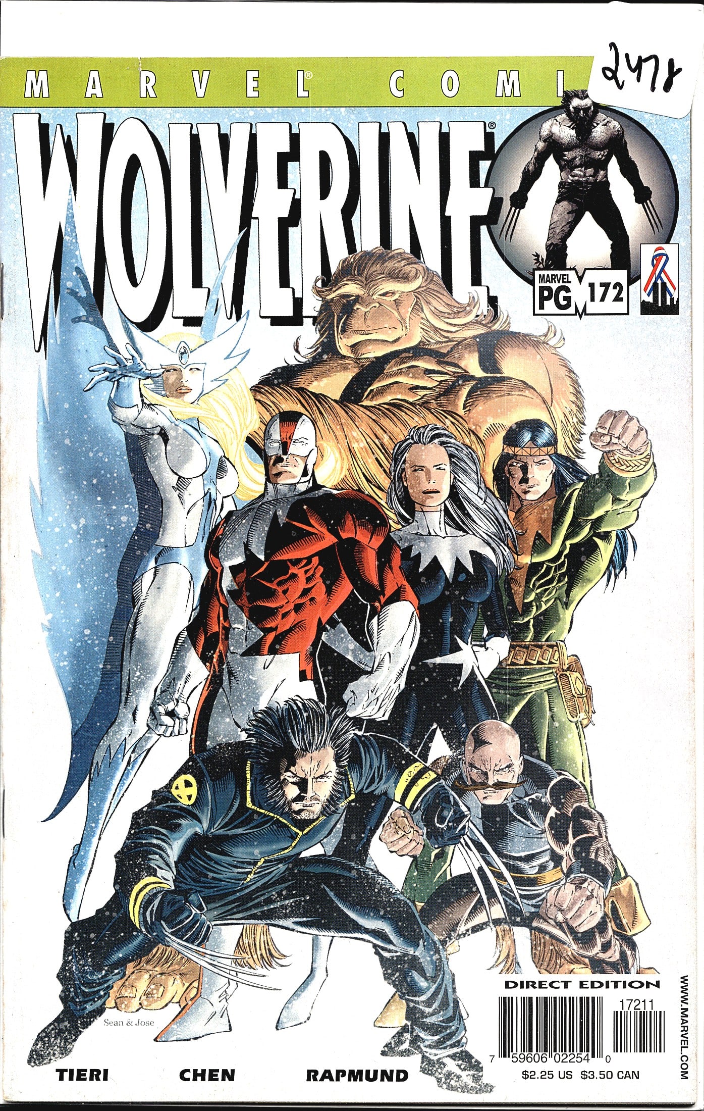 2002 Marvel Wolverine #172 Newsstand Comic Book: Wolverine #172 from Marvel Comics, published in 2002, rated PG. This Direct Edition issue features cover art by Sean Chen and Jose Rapmund, with story by Frank Tieri. The cover depicts Wolverine along