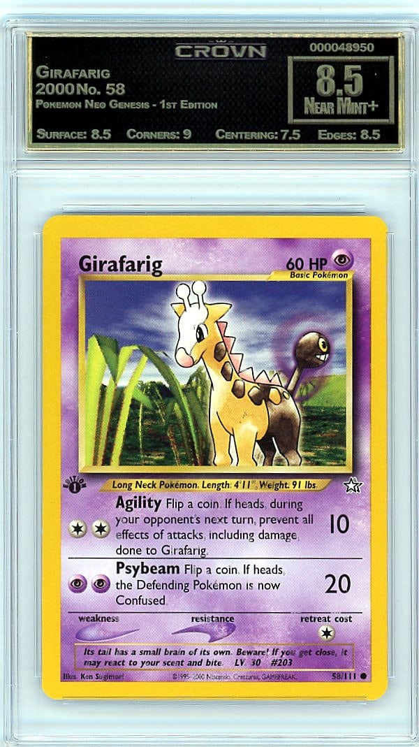 2000 Girafarig Pokemon Neo Genesis - 1st Edition: This 2000 Girafarig Pokemon Neo Genesis 1st Edition card graded Crown Grade 8.50 represents a highly collectible vintage Pokemon trading card from one of the hobby's most sought-after early sets. The