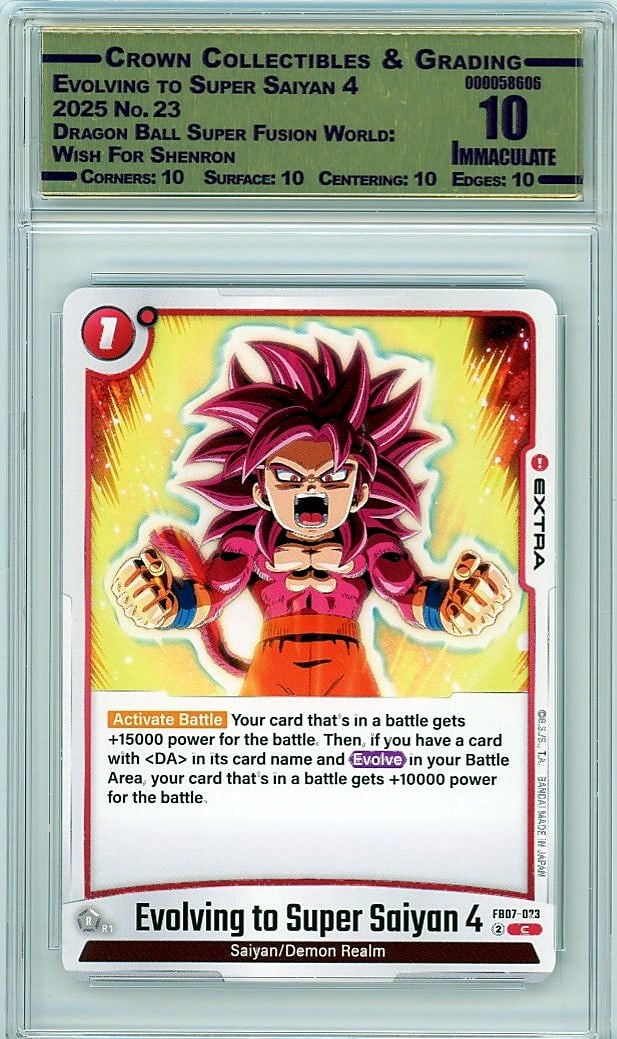 2025 Dragon Ball Super Fusion World Evolving to: This is a 2025 Dragon Ball Super Fusion World: Wish For Shenron card featuring Evolving to Super Saiyan 4, card number 23. This release represents one of the most sought-after Dragon Ball trading