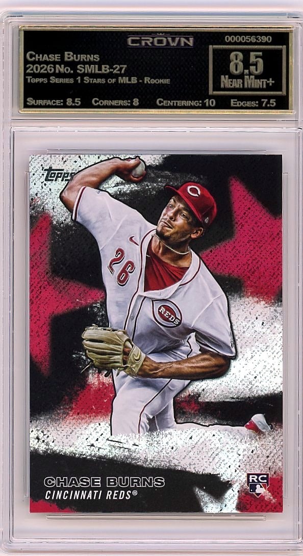 2026 Chase Burns Topps Series 1 Stars of MLB: This is a 2026 Chase Burns rookie card from the Topps Series 1 Stars of MLB set, card number SMLB-27. The card captures Burns' entry into MLB collectibility during his debut year, making it a foundati