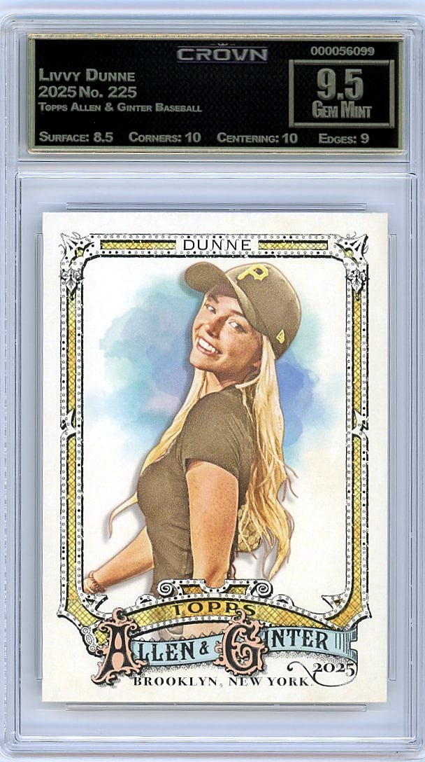 2025 Livvy Dunne Topps Allen & Ginter #225 Crown: This is a 2025 Livvy Dunne card from the Topps Allen & Ginter Baseball set, card number 225. The card has been professionally graded and encased in a protective slab by Crown Grading, one of the