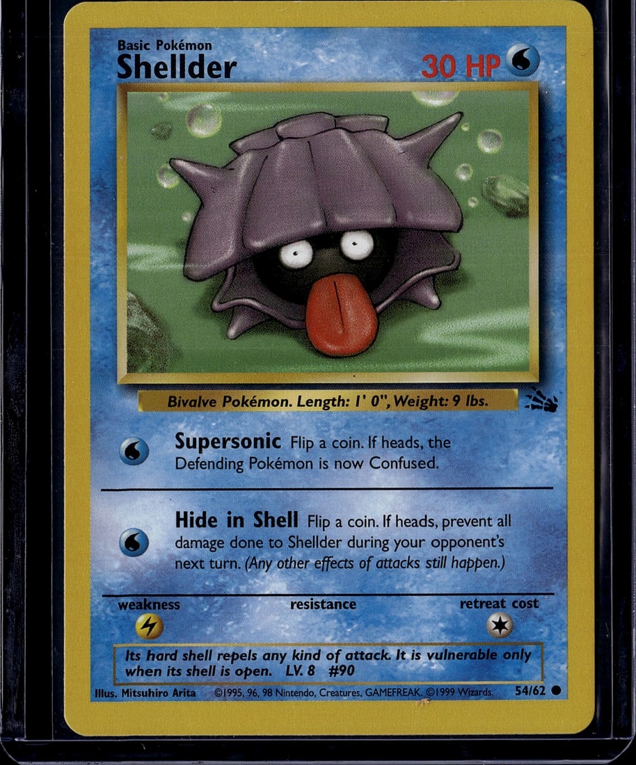 Shellder 54/62 Base Set 1999 Pokemon Card - Near: This is an authentic Shellder Pokemon Trading Card from the classic Base Set released in 1999. Card number 54/62, this Basic Water-type Pokemon features the iconic Bivalve Pokemon artwork by