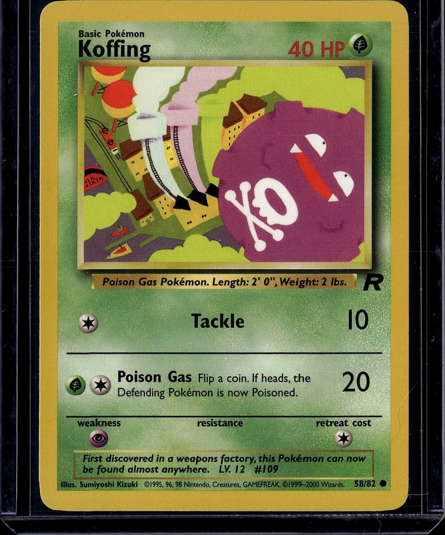 Koffing 58/82 Base Set Pokemon Card 1999 - Raw: This is an original 1999 Pokemon Base Set Koffing card, #58/82, featuring the classic Poison Gas Pokemon illustration by Sumiyoshi Kizuki. As a Basic Grass-type Pokemon with 40 HP, Koffing showcases t