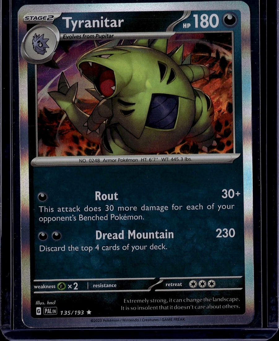 2023 Pokemon Scarlet Violet Paldea Evolved: Tyranitar is a Stage 2 Darkness-type Holo Rare card with 180 HP from the Scarlet & Violet: Paldea Evolved set (SV02), released in 2023. It features a holographic finish and is one of three Tyranitar