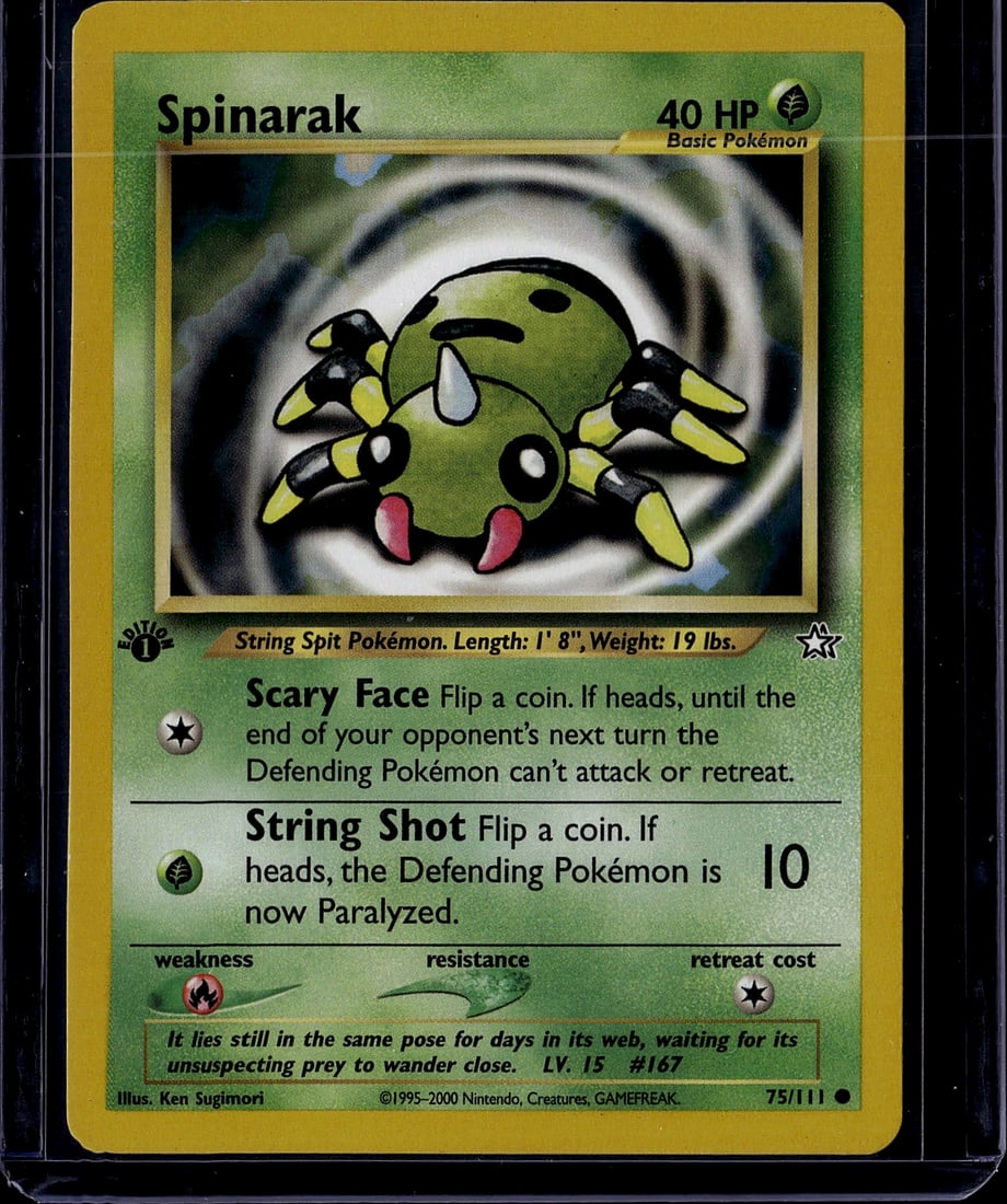 Spinarak 75/111 Pokemon Base Set Card 40 HP: This is an original Spinarak Pokemon Trading Card from the Base Set, released in 2000 by Nintendo and GAMEFREAK. Card #75/111, this Basic Grass-type Pokemon features 40 HP and iconic artwork by Ken
