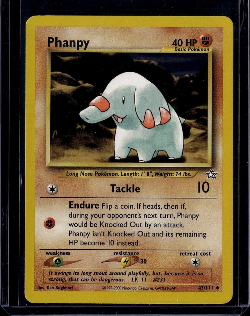 Phanpy Neo Genesis 43/111 Pokemon Card - Vintage: This is a vintage Phanpy Pokemon trading card from the Neo Genesis set, released in 2000. Card #43/111 features the iconic Long Nose Pokemon with its distinctive trunk and orange-red ears against a