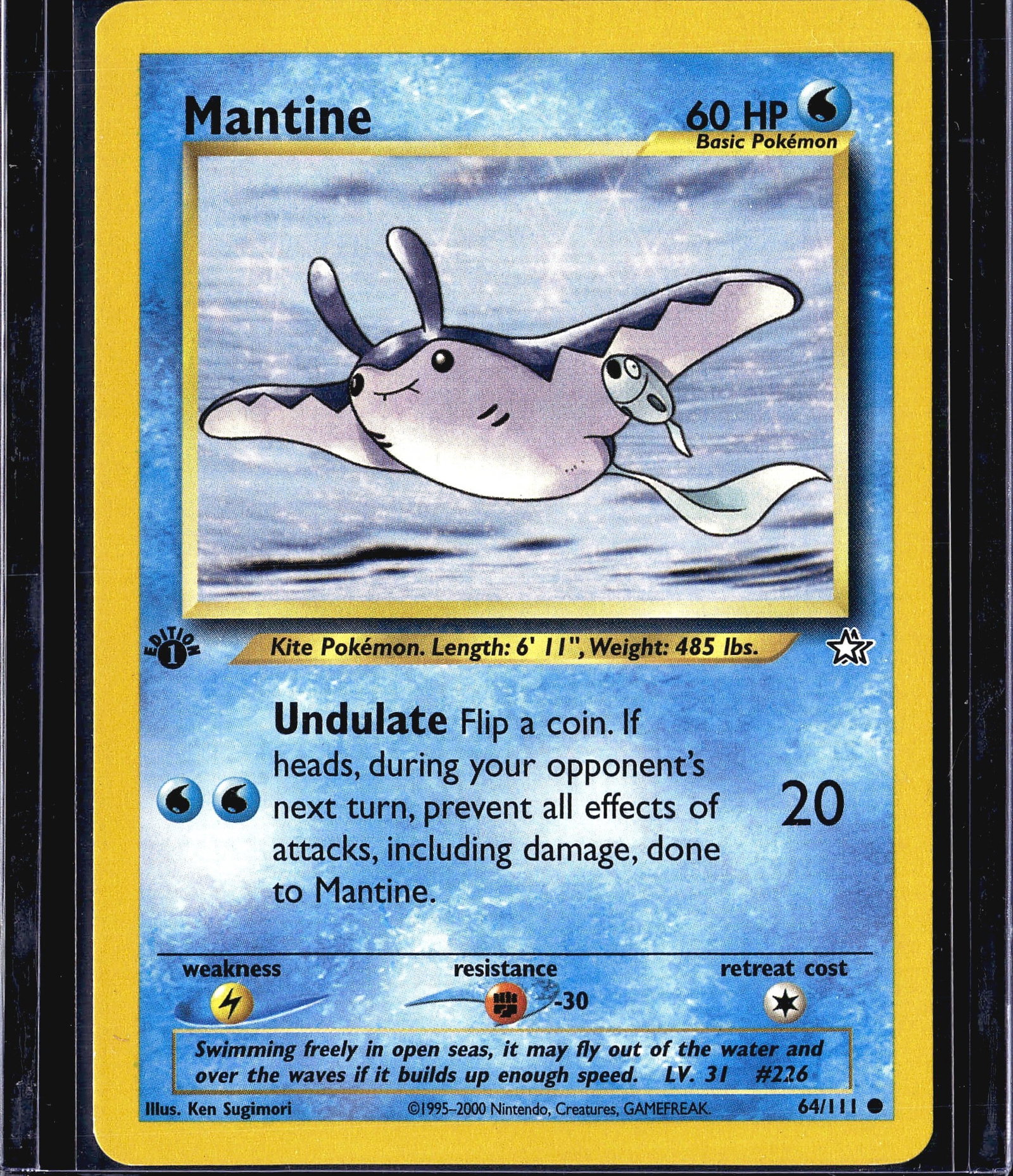2000 Pokemon Neo Genesis 1st Edition Mantine 64: This listing is for the 2000 Pokemon Neo Genesis Mantine (64/111), a Basic Water-type Pokemon card featuring 60 HP. The card bears a clear 1st Edition stamp, visible in the lower-left of the card art 