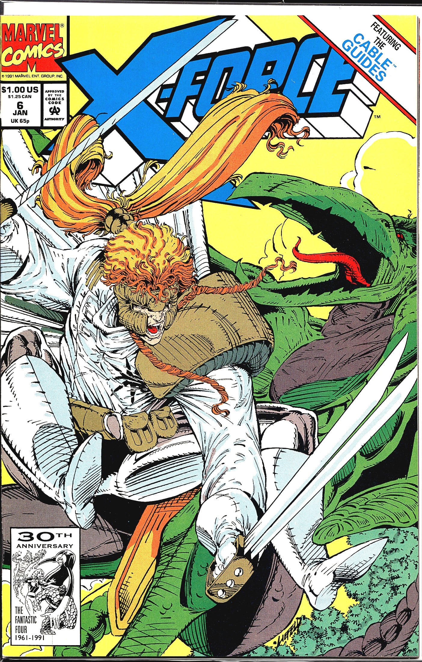 1991 Marvel Comics X-Force #6 Comic Book: This is Marvel Comics' X-Force #6, cover-dated January 1992 and published in 1991, priced at $1.00 US / $1.25 CAN. The cover features a wild-haired character in a white outfit grappling with a large