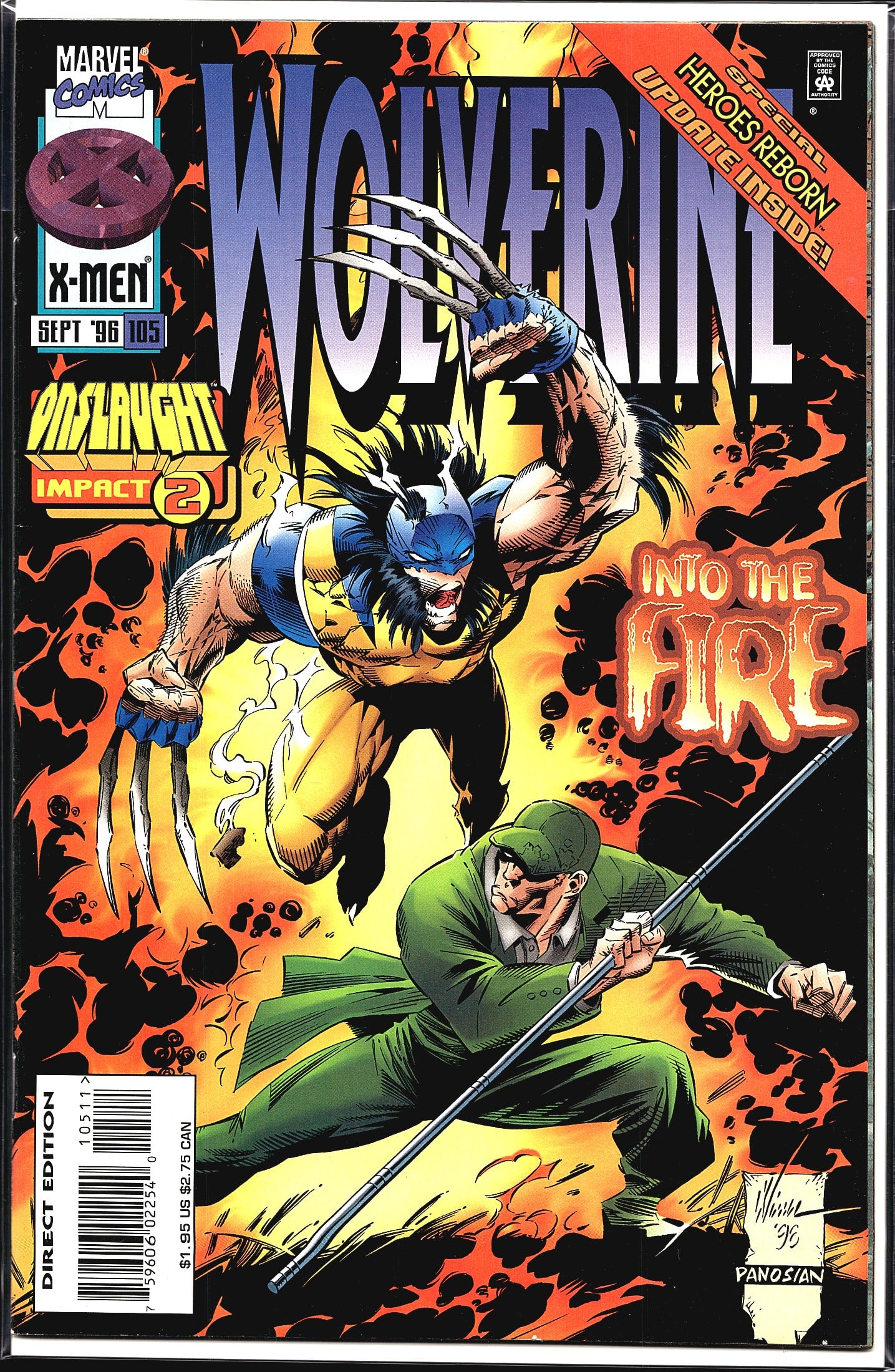 1996 Marvel Comics Wolverine #105 Onslaught: This is Wolverine #105 published by Marvel Comics, cover dated September 1996. Part of the Onslaught crossover event labeled 'Onslaught Impact 2,' the issue is titled 'Into the Fire.' The cover art