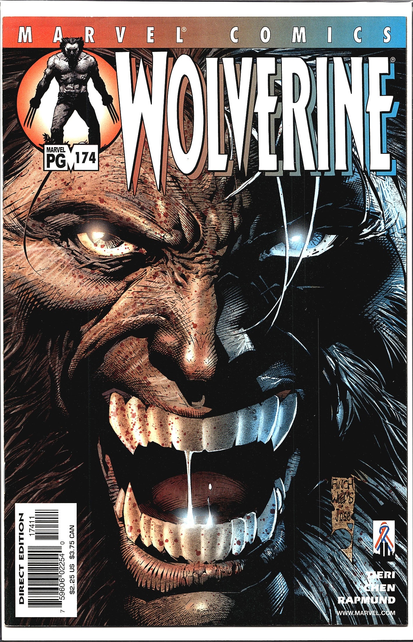 Wolverine #174 Marvel Comics 2002 Direct Edition: Wolverine #174 from Marvel Comics, Direct Edition, priced at $2.25 US / $3.75 CAN. The cover features an extreme close-up of Wolverine's snarling face rendered in highly detailed artwork, with a