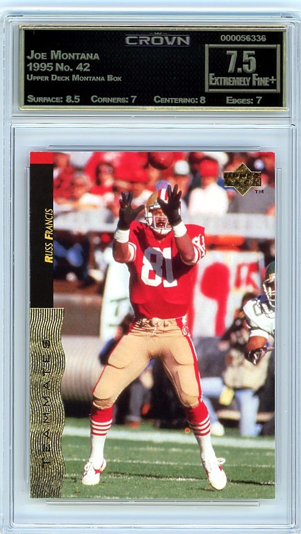 1995 Joe Montana Upper Deck Montana Box #42: This is a 1995 Joe Montana card from the Upper Deck Montana Box set, card number 42. It has been professionally graded and encased by Crown, one of the established grading companies in the trading