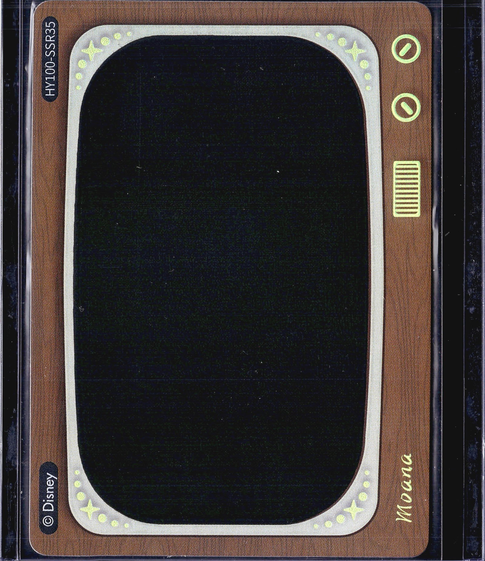 Disney 100 Heat Activated Moana Card Fun Movie: This listing features card #HY100-SSR35 from the Card Fun Disney 100 Heat Activated Movie Scenes series, featuring Moana. The card showcases a distinctive retro television-style frame design with a