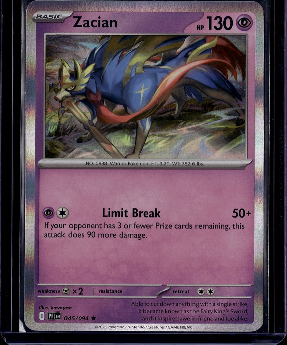 2025 Pokemon ME02 Phantasmal Flames Zacian: Zacian 045/094 is a Basic Psychic-type Rare (Holo) card from the Mega Evolution series set ME02: Phantasmal Flames, released November 14, 2025. It has 130 HP and features the attack Limit Break