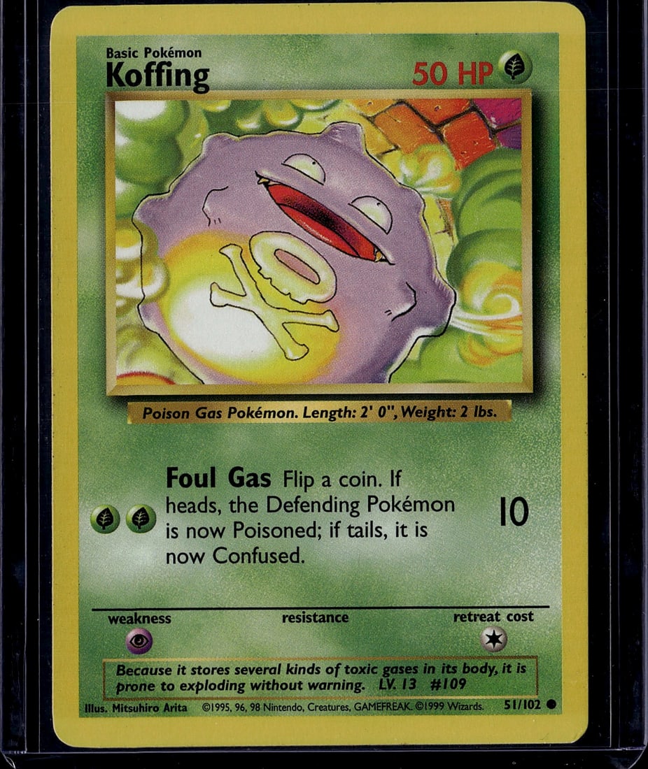 1999 Pokemon Base Set Koffing #51/102 Card: This is an authentic 1999 Pokemon Trading Card Game Base Set Koffing card (#51/102), featuring the Poison Gas Pokemon in its original artwork by Mitsuhiro Arita. The card displays Koffing's iconic des