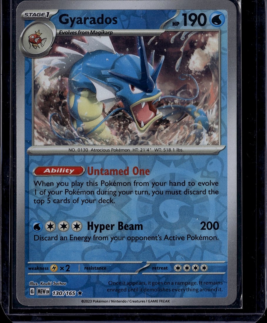 Gyarados 130/165 Scarlet & Violet Pokemon Card: This is a raw Gyarados Stage 1 Pokemon card from the Scarlet & Violet set, card number 130/165. The card features the Atrocious Pokemon (No. 0130) with 190 HP and a Water-type designation. Gyarados