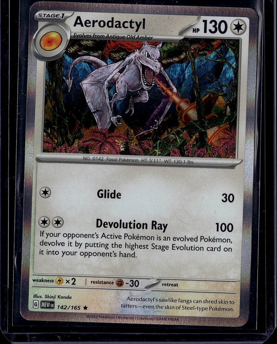 Aerodactyl 142/165 Scarlet & Violet Pokemon: This is a raw Aerodactyl Pokemon trading card from the Scarlet & Violet set, card number 142/165. Aerodactyl is a Stage 1 Fossil Pokemon that evolves from Antique Old Amber, featuring 130 HP and