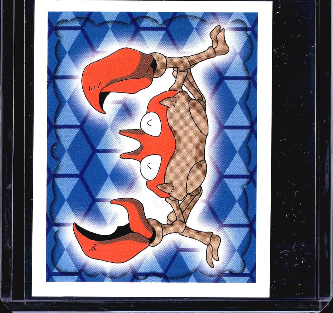 1999 Merlin Pokemon Sticker #98 Krabby Holo Foil: This listing features sticker #98 from the 1999 Merlin Collections officially licensed Pokemon sticker series. The front displays Krabby, the crab-like Pokemon, in a mirrored holographic foil