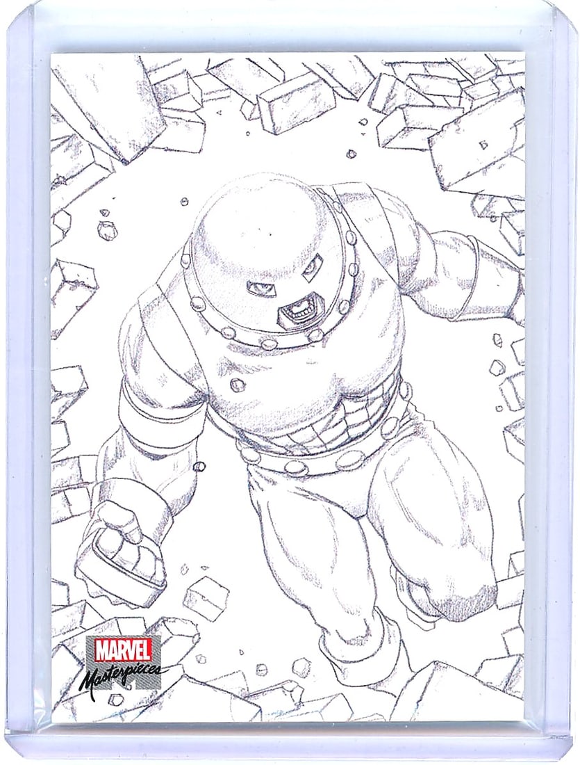 2022 Marvel Masterpieces Juggernaut Preliminary: This is card AP-67 from the 2022 Marvel Masterpieces set by Upper Deck SkyBox, featuring a preliminary pencil sketch artwork of Juggernaut by artist Dan dos Santos. The front displays a dynamic low-an