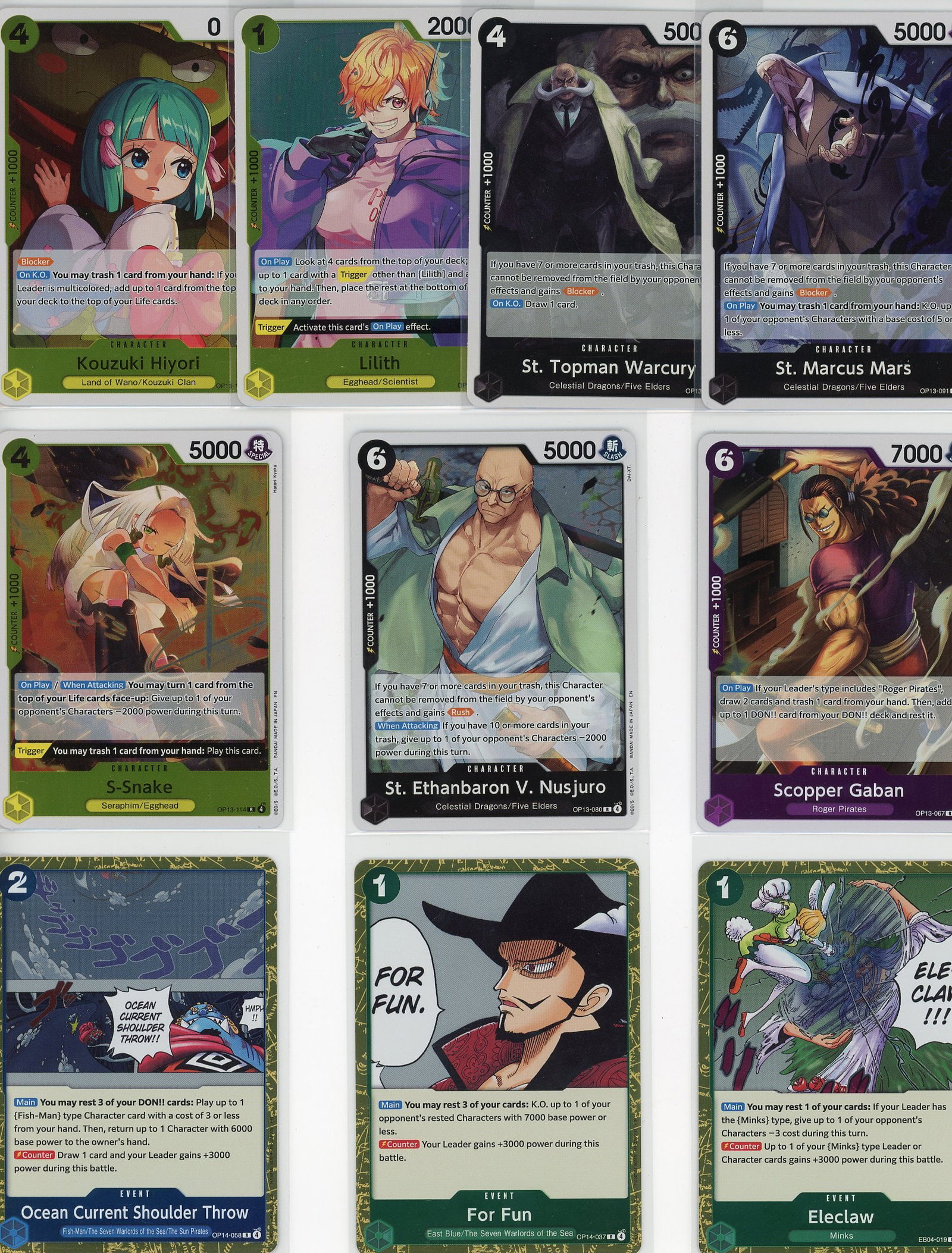 Lot of 10 One Piece Foil Trading Cards - Bandai: This lot includes 10 foil cards from the Bandai One Piece Trading Card Game. The collection features a diverse mix of characters and card types, including Character cards such as Kouzuki Hiyori,