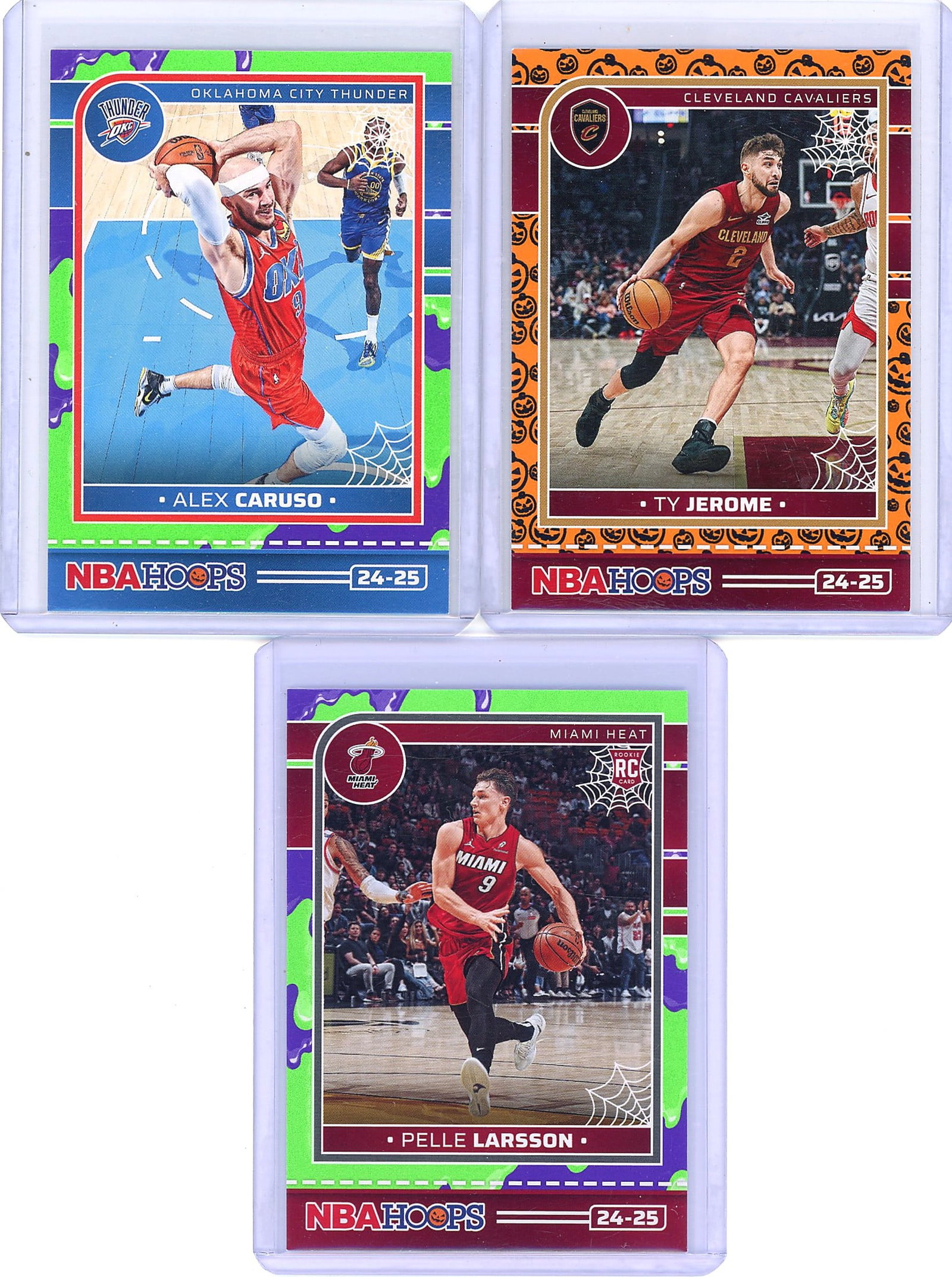 2024-25 Panini Haunted Hoops Pelle Larsson 259: This lot contains three 2024-25 Panini Haunted Hoops basketball cards featuring Alex Caruso (Oklahoma City Thunder, #178), Ty Jerome (Cleveland Cavaliers, #30), and Pelle Larsson (Miami Heat, #259). E