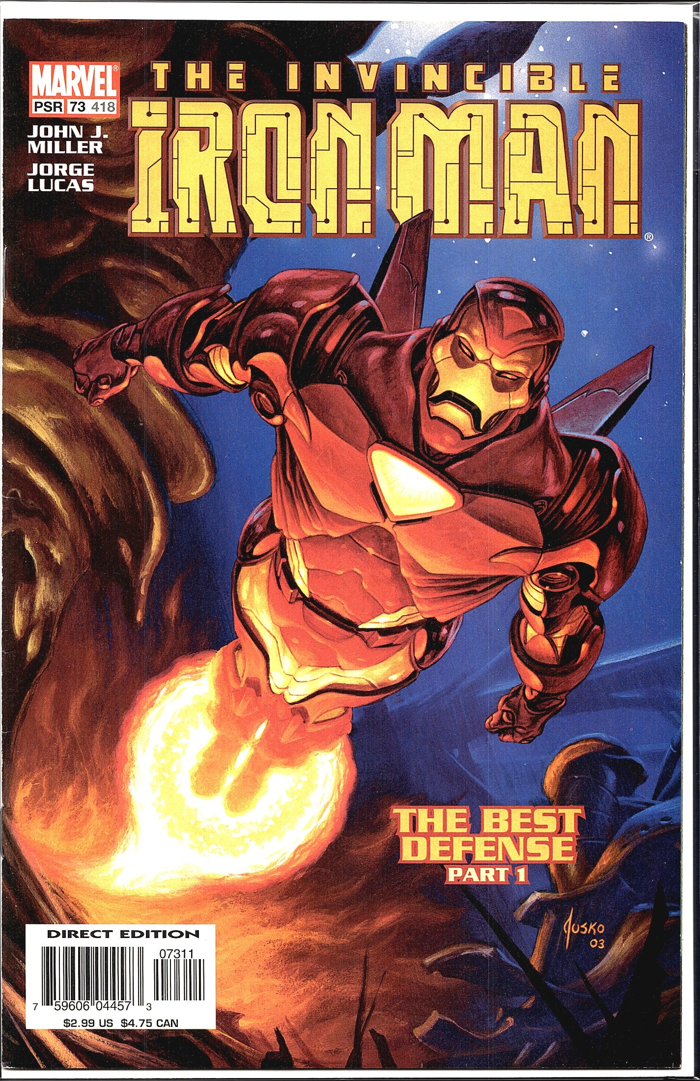 Marvel Iron Man 3rd Series #73 2003 Comic Book: This is issue #73 of The Invincible Iron Man published by Marvel Comics, cover-dated 2003. The story arc is titled 'The Best Defense, Part 1,' as printed on the cover. Written by John J. Miller with