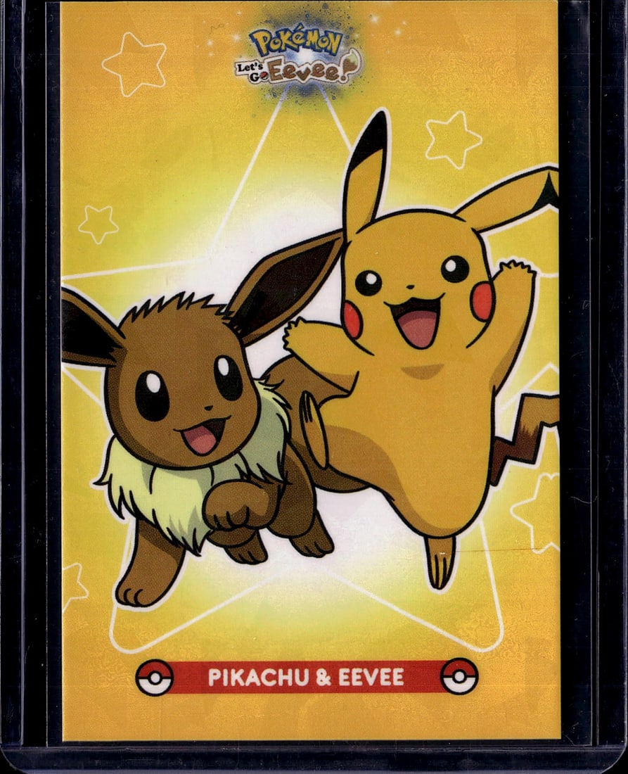 Pokemon Let's Go Eevee Pikachu & Eevee Official: This is an official Pokemon Let's Go Eevee promotional card featuring the iconic duo of Pikachu and Eevee. The card showcases vibrant yellow and brown coloring with both beloved characters depicted