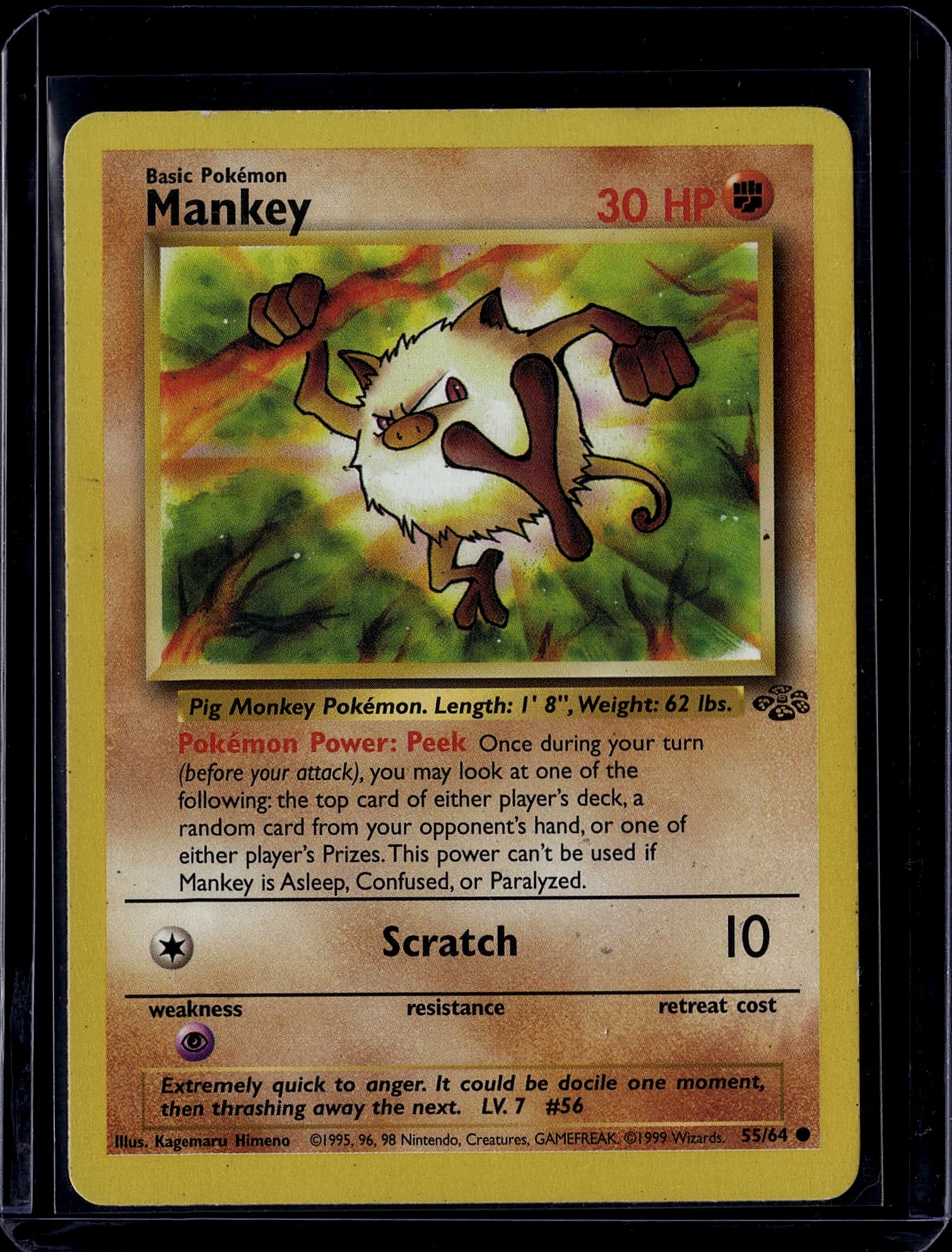 1999 Pokemon Base Set Mankey #55/64 Raw Card: This is an authentic 1999 Pokemon Trading Card Game Base Set Mankey card (#55/64), featuring the iconic Pig Monkey Pokemon with 30 HP. The card displays the classic yellow border design and features