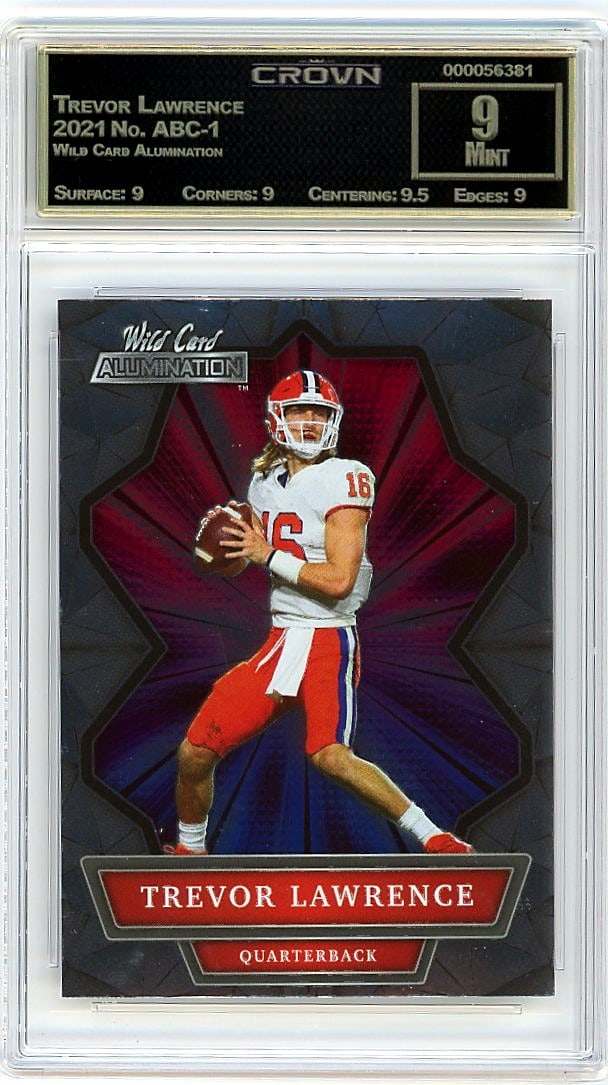 2021 Trevor Lawrence Wild Card Alumination ABC-1: This is a 2021 Trevor Lawrence Wild Card Alumination card #ABC-1, professionally graded and encased by Crown. The card captures a key moment from Lawrence's rookie year in one of the hobby's most