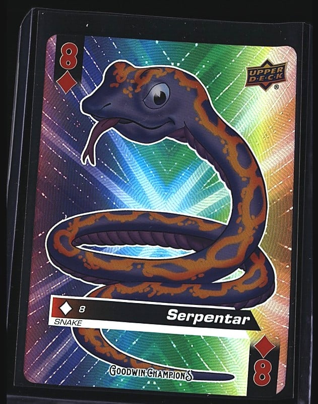 2021 Upper Deck Goodwin Champions Serpentar #8: Raw single from Upper Deck's Goodwin Champions set featuring Serpentar, card number 8. The card displays vibrant holographic foil with a colorful gradient background in blues, greens, and purples.