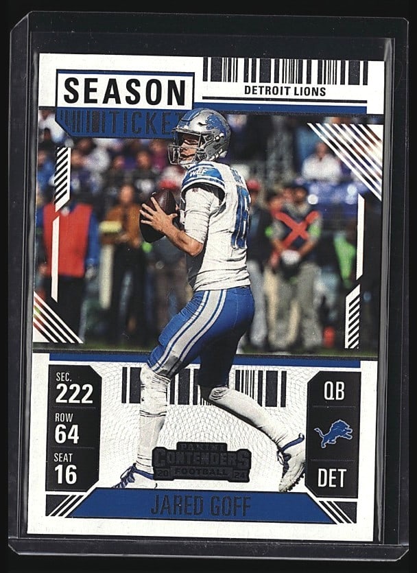 2024 Panini Contenders Jared Goff #31 Detroit: 2024 Panini Contenders Football raw single featuring Jared Goff, quarterback for the Detroit Lions, card number 31. This ungraded single card shows Goff in Lions uniform during game action. The card