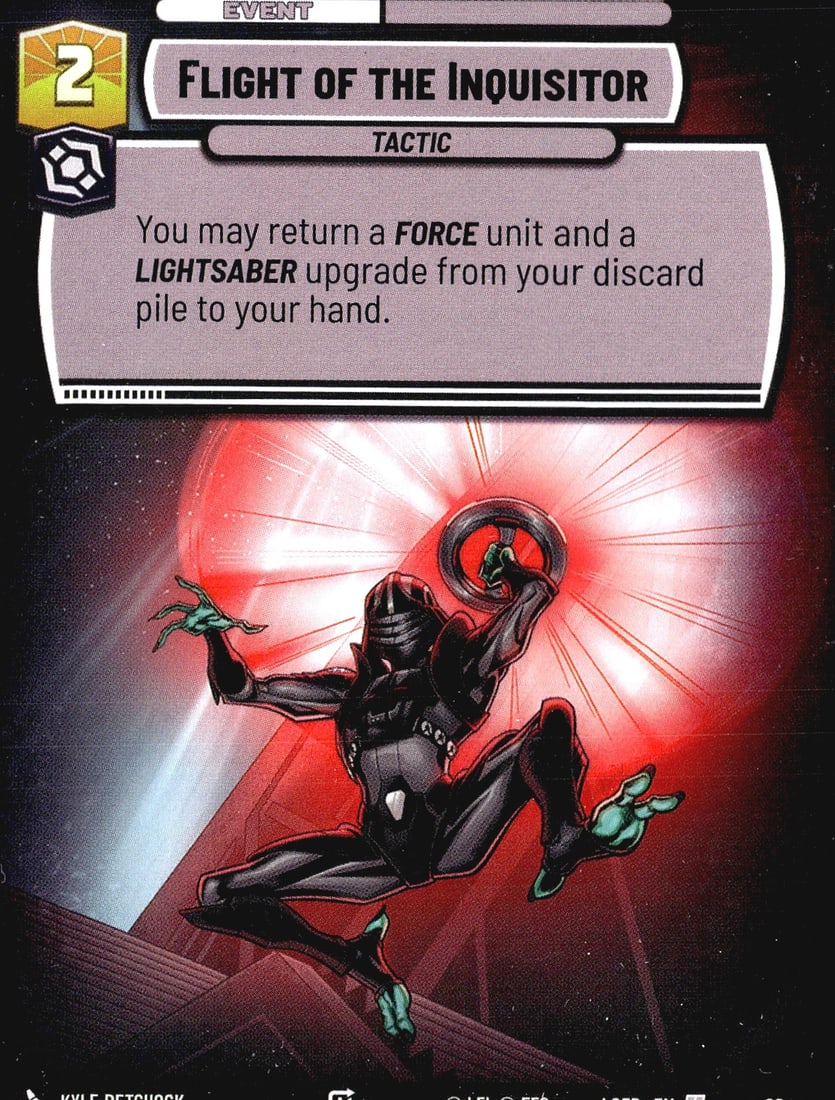 2024 Fantasy Flight Games Star Wars Unlimited: This listing is for a single Star Wars Unlimited Trading Card Game card: Flight of the Inquisitor, an Event - Tactic card with a cost of 2. The card effect allows the player to return a FORCE unit
