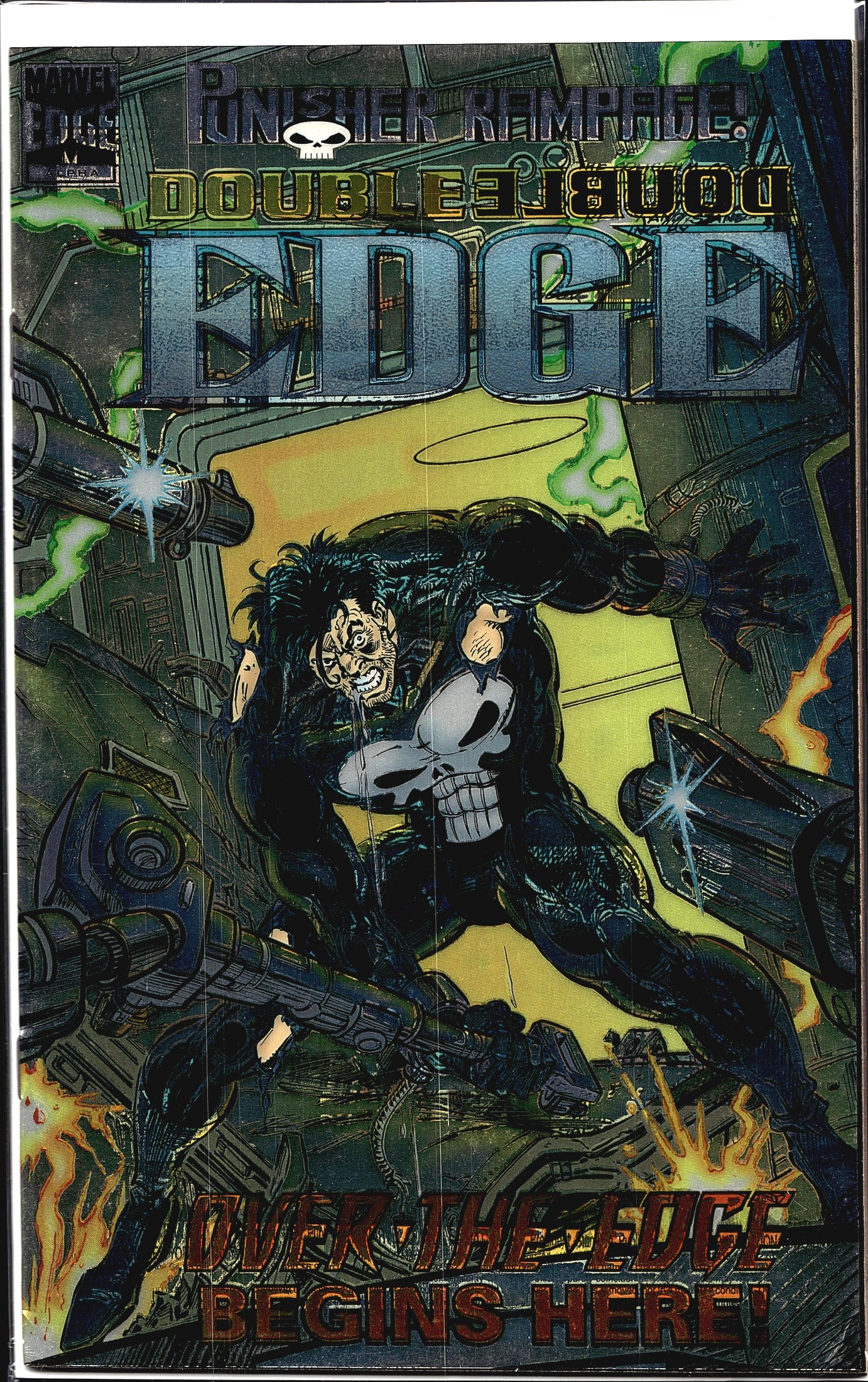 1995 Marvel Double Edge: Alpha Punisher #1 Comic: This is a Marvel Comics issue from the Punisher Rampage: Double Edge crossover event, featuring the tagline 'Over The Edge Begins Here!' on the cover. The cover art depicts the Punisher in his iconic