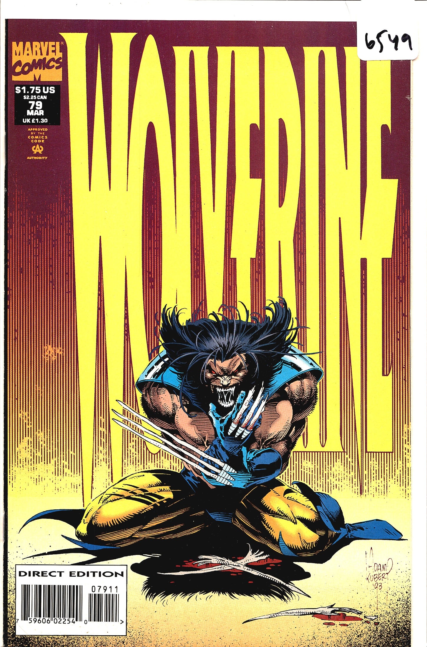 Wolverine #79 Marvel Comics 1994 Direct Edition: Wolverine #79 published by Marvel Comics, dated March 1994, priced at $1.75 US / $2.25 CAN / 1.30 UK. This is the Direct Edition as noted on the cover. The cover art is signed by Adam Kubert ('93), de