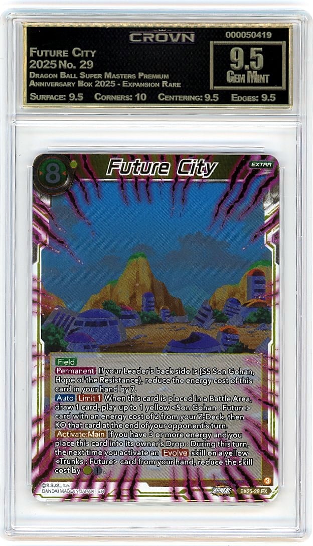 2025 Future City Dragon Ball Super Masters: This 2025 Future City Dragon Ball Super Masters Premium Anniversary Box expansion card represents an exceptional piece from one of the most sought-after Dragon Ball Super TCG releases. Graded Crown
