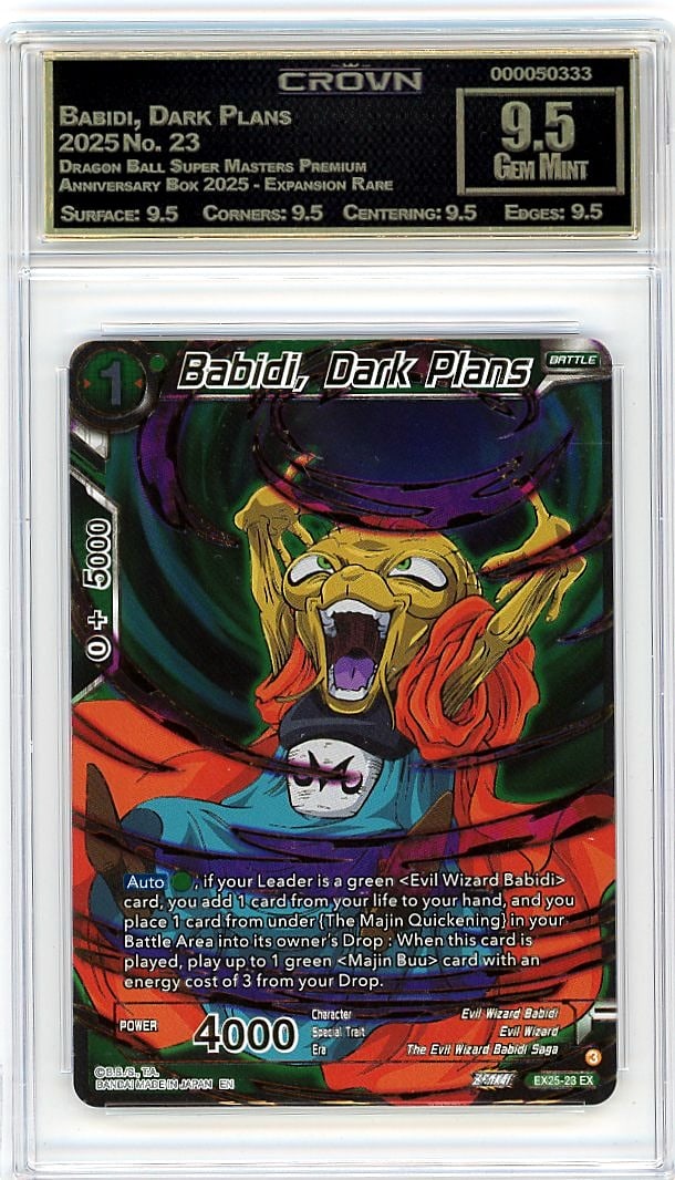 2025 Babidi, Dark Plans Dragon Ball Super: Babidi, Dark Plans represents a standout addition to any serious Dragon Ball card collection. This exceptional card has been graded 9.50 by Crown Grading, a designation that reflects near-mint conditi