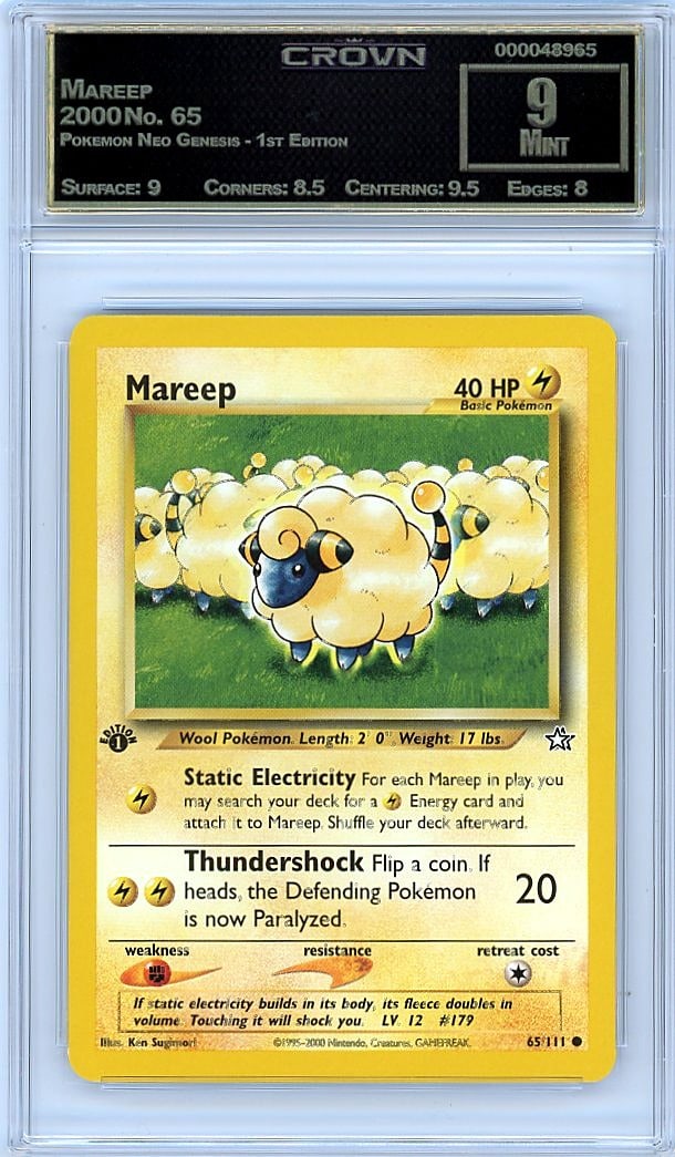 2000 Mareep Pokemon Neo Genesis - 1st Edition: Graded by Crown Grading. Grade: 9.00. Mint