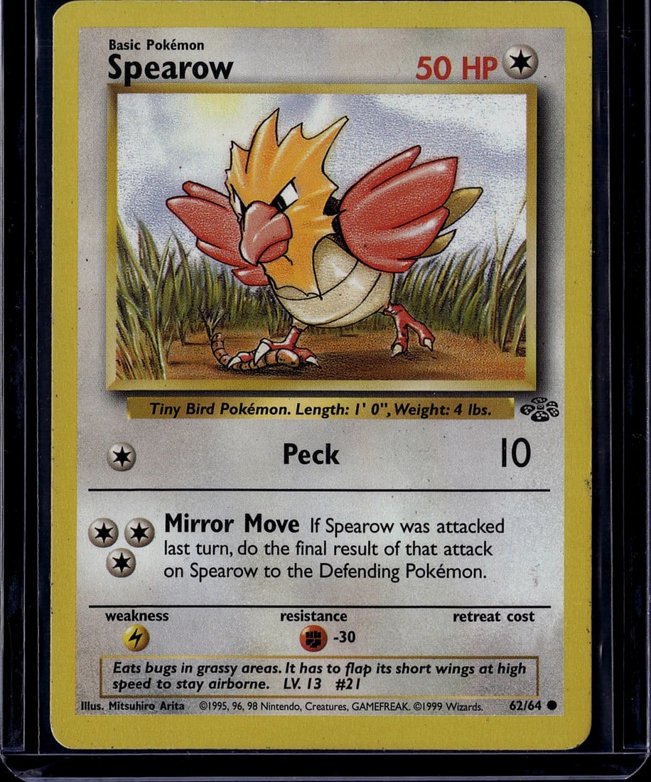 1999 Pokemon Base Set Spearow #62/64 Card - Tiny: This is an original 1999 Pokemon Base Set Spearow card (#62/64) featuring the iconic Tiny Bird Pokemon. The card showcases Spearow's characteristic orange crest, red wings, and aggressive stance in a