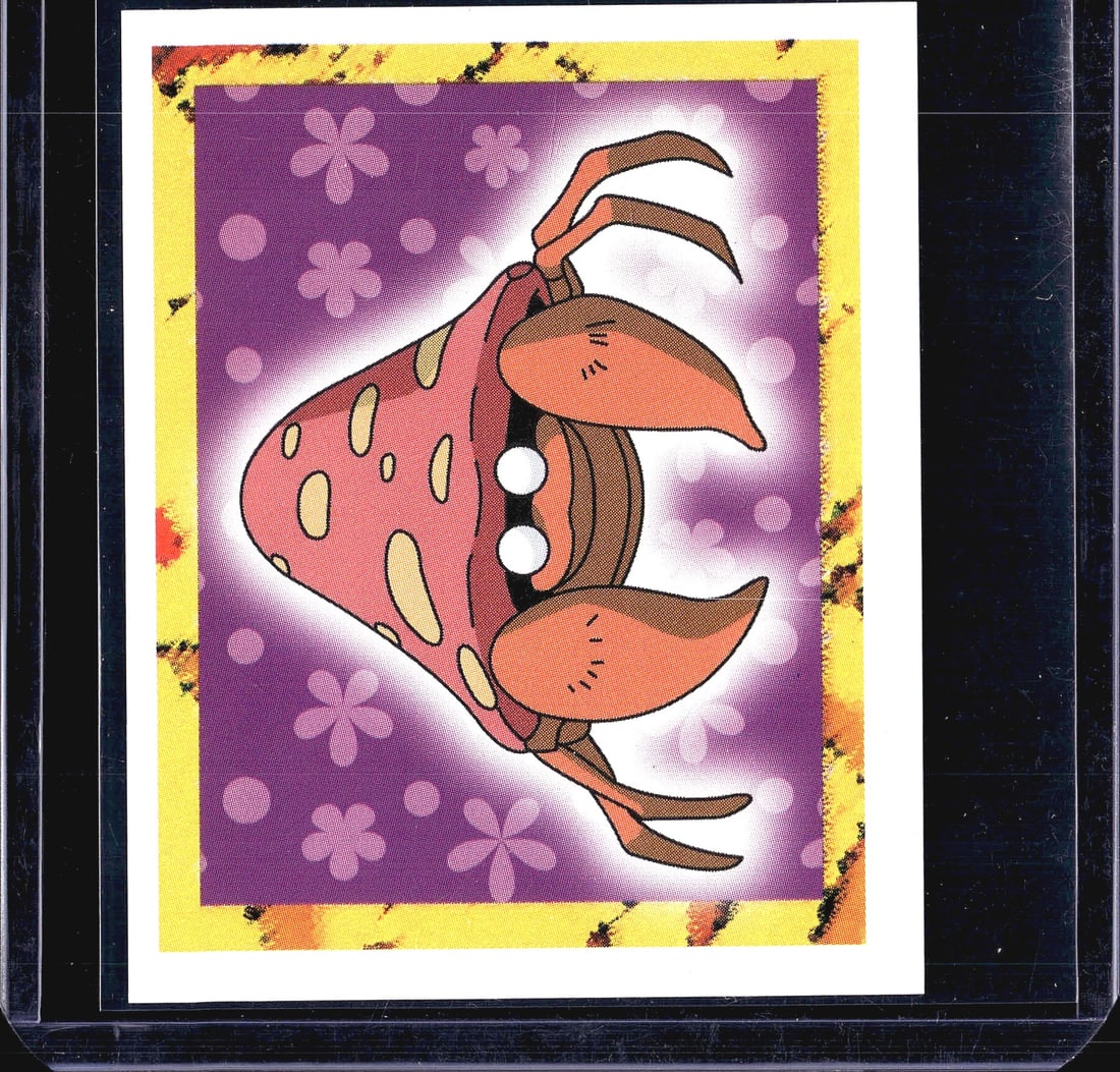 1999 Topps Merlin Pokemon Merlin Collections: This is sticker #41 from the 1999 Merlin Pokemon Collection series, featuring a cartoon-style illustration of what appears to be Krabby, the crab Pokemon, set against a purple floral background with