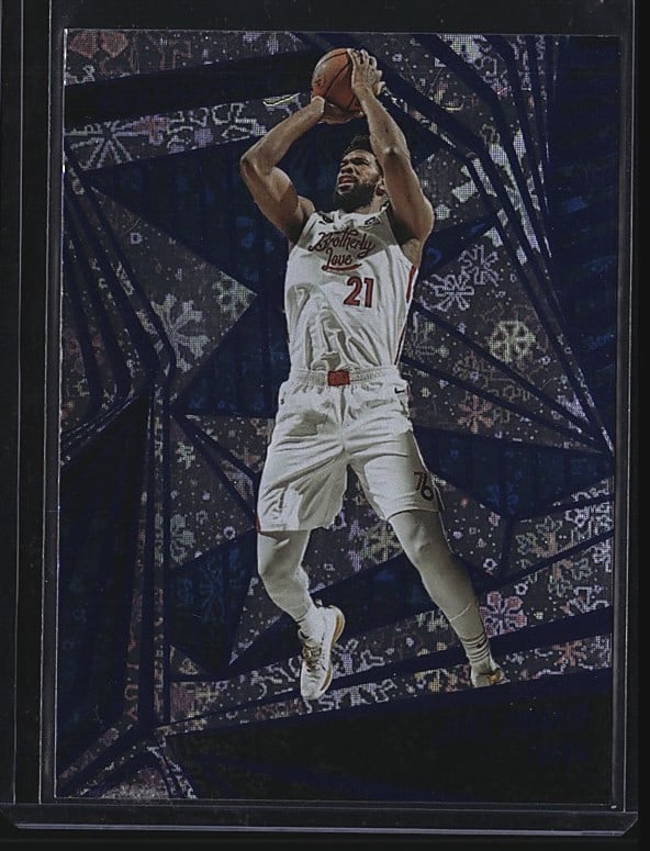 2023 Panini Revolution Basketball #95 Joel: 2023 Panini Revolution Basketball card #95 featuring Joel Embiid of the Philadelphia 76ers. This is a raw (ungraded) single card in Mint condition. The card captures Embiid in a shooting pose wearing
