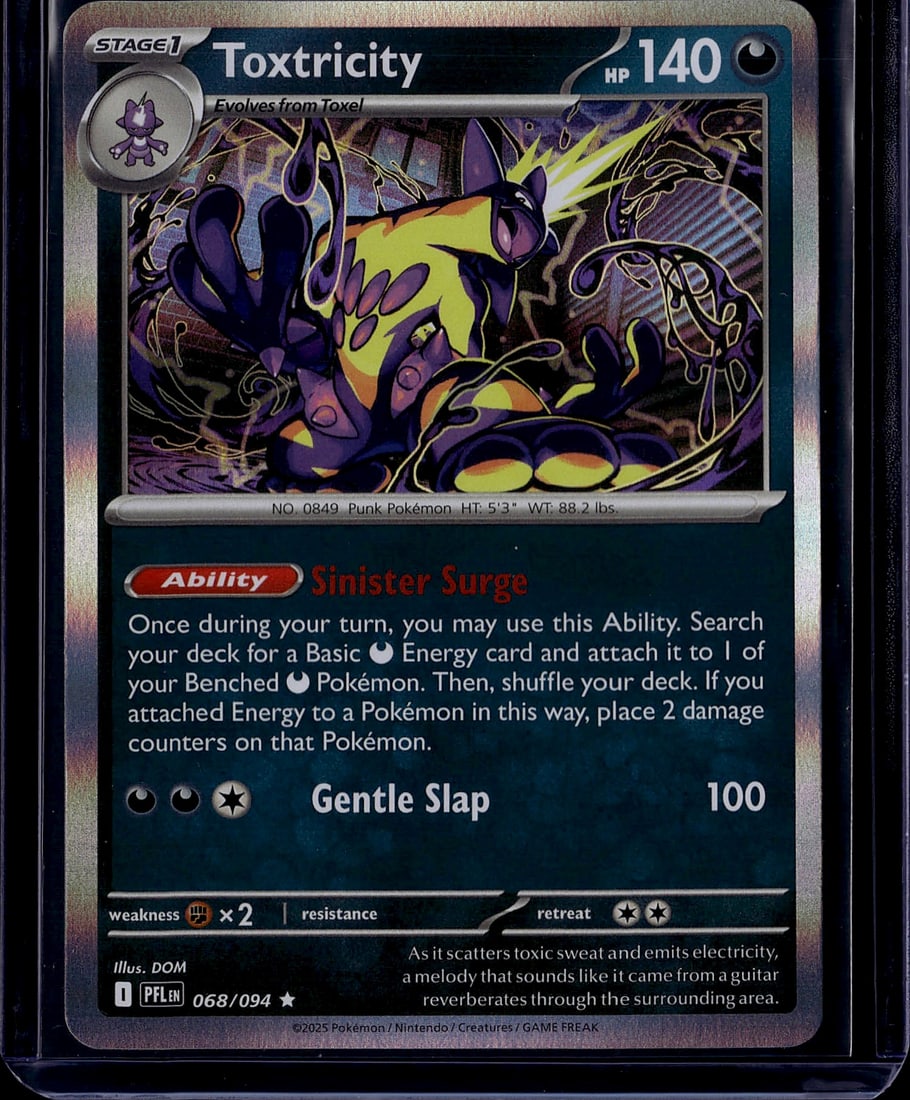 2025 Pokemon Phantasmal Flames Toxtricity: This is a Toxtricity Pokemon Trading Card from the 2025 Pokemon TCG set, card number 068/094. Toxtricity is a Stage 1 Punk-type Pokemon with 140 HP that evolves from Toxel. The card features striking 