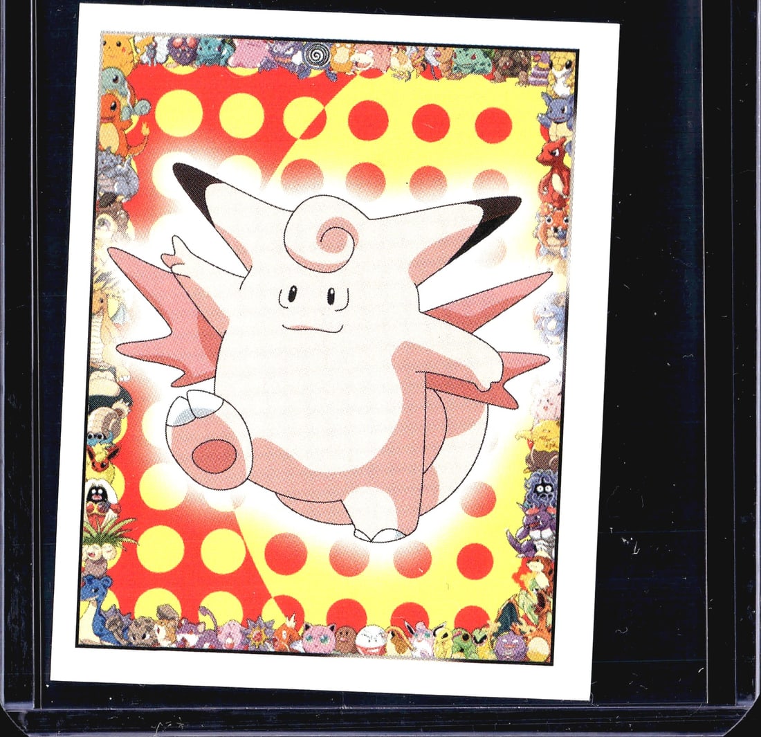 1999 Merlin Pokemon Collection Sticker #36: This is sticker #36 from the 1999 Merlin Collections Pokemon sticker series, featuring Clefable. The front displays Clefable on a bold red and yellow polka-dot background, bordered by a collage of