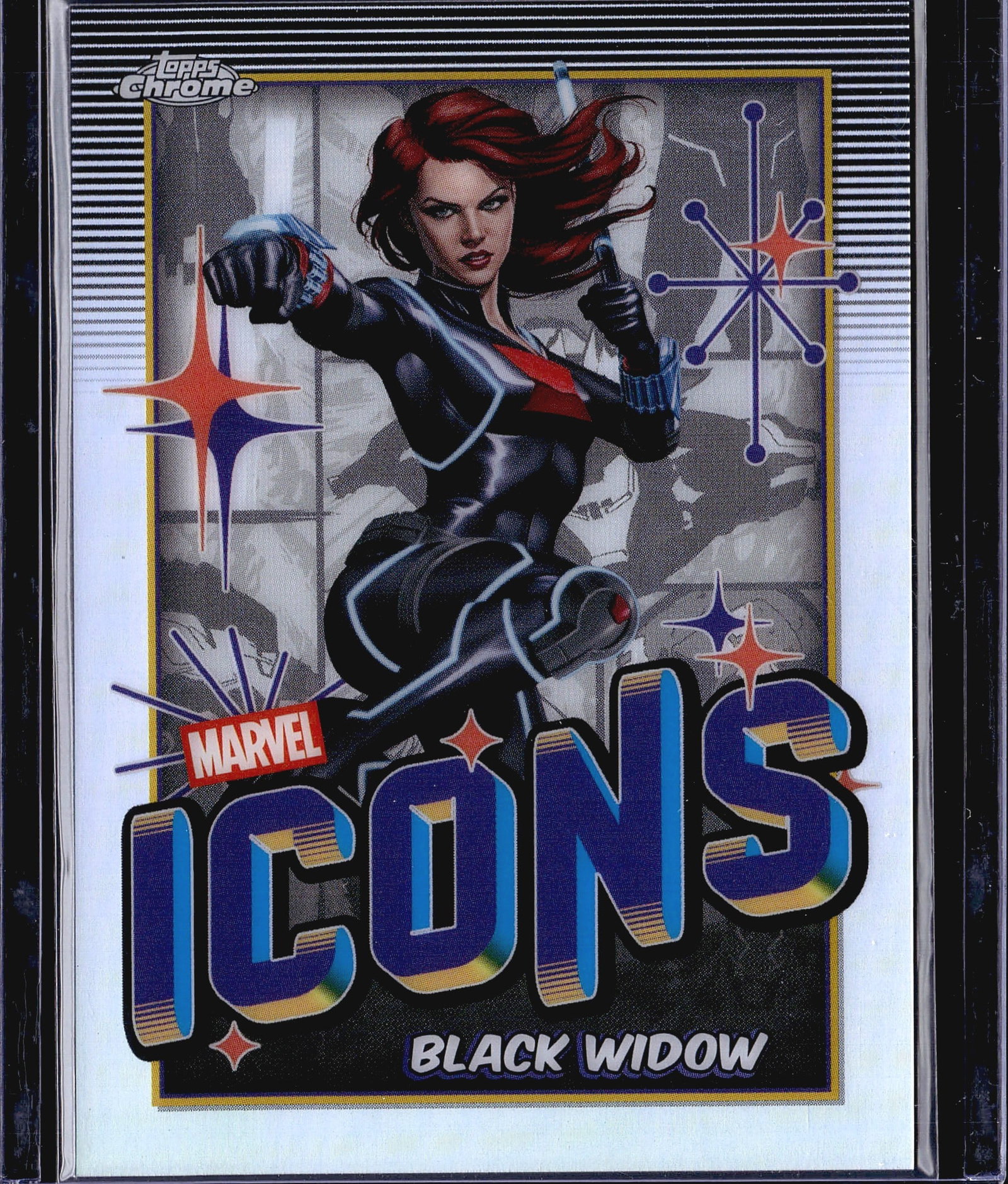 2025 Topps Chrome Marvel Icons Black Widow #MI-6: This is the 2025 Topps Chrome Marvel Icons Black Widow card numbered MI-6 from the Topps Chrome Marvel trading card set. The front features a dynamic comic-art illustration of Natasha Romanoff in her