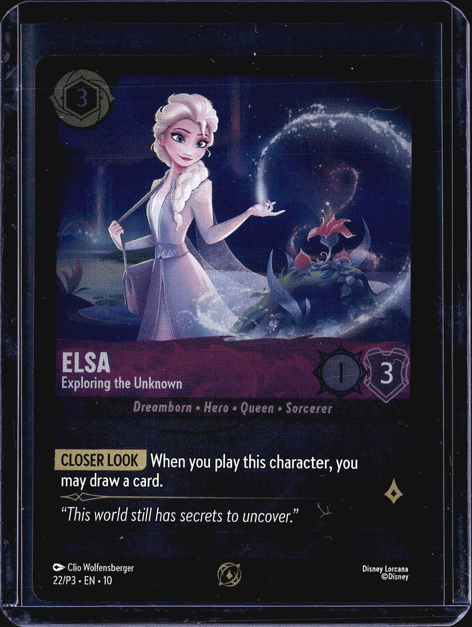 2024 Disney Lorcana Into the Inklands 22/P3 Elsa: This listing features Elsa - Exploring the Unknown, card number 22/P3, a Disney Lorcana promotional card illustrated by Clio Wolfensberger. The card is printed in English (EN) and carries the Disney