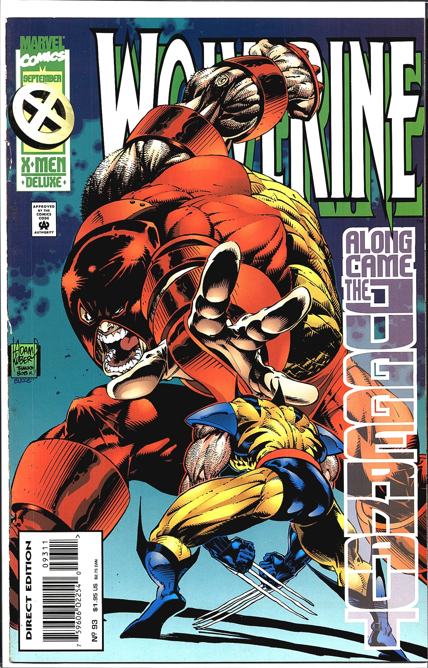 1995 Marvel Wolverine #93 Newsstand Variant Comic: Wolverine #93 published by Marvel Comics, cover dated September 1995. This issue is part of the X-Men Deluxe line and features the story arc 'Along Came the Juggernaut.' The cover art, signed by Adam 