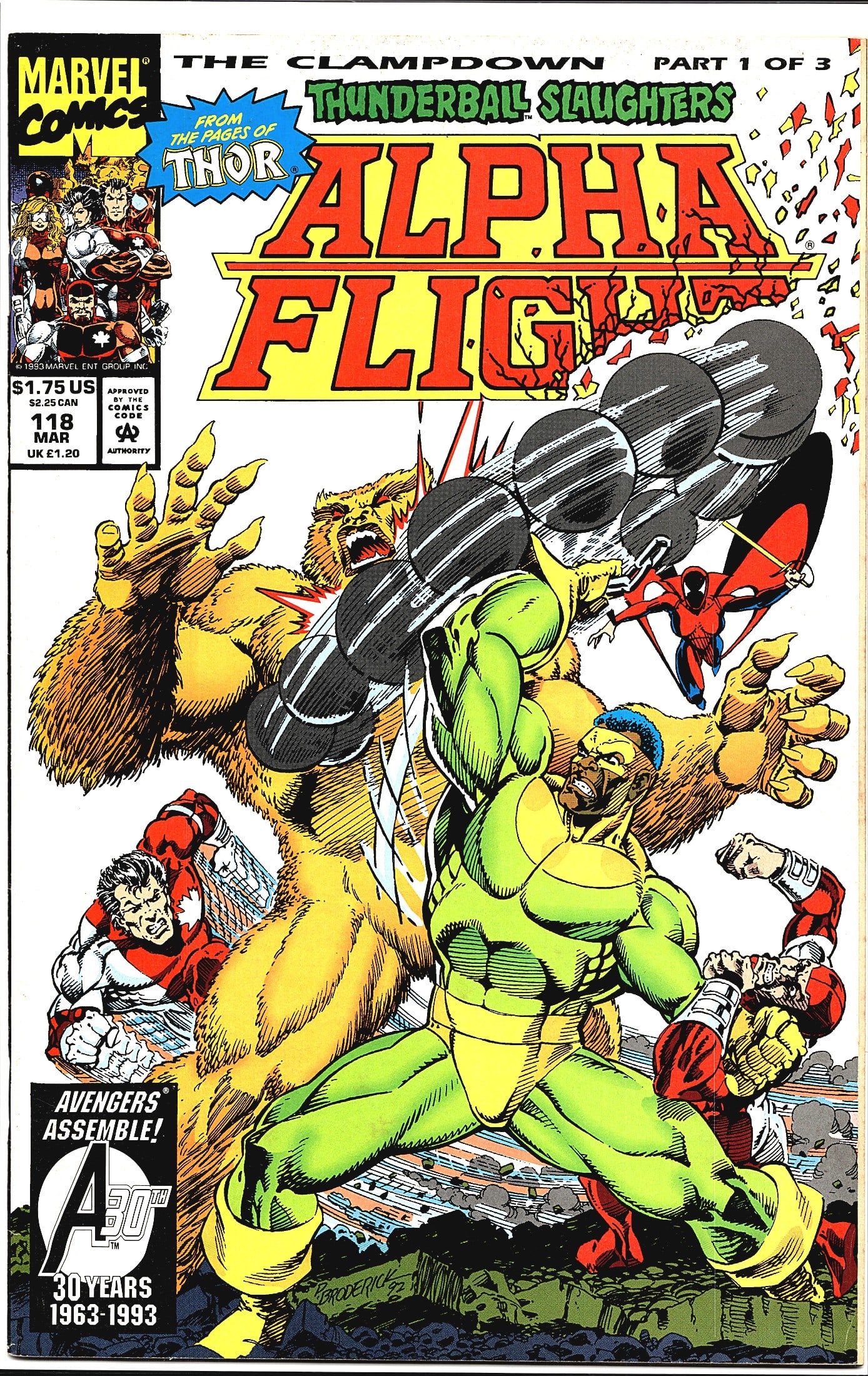 1993 Marvel Comics Alpha Flight #118 Comic Book: Alpha Flight #118 from Marvel Comics, cover dated March 1993, priced at $1.75 US / $2.25 CAN / 1.20 UK. This issue is titled 'The Clampdown Part 1 of 3' and features the story arc 'Thunderball Slaught