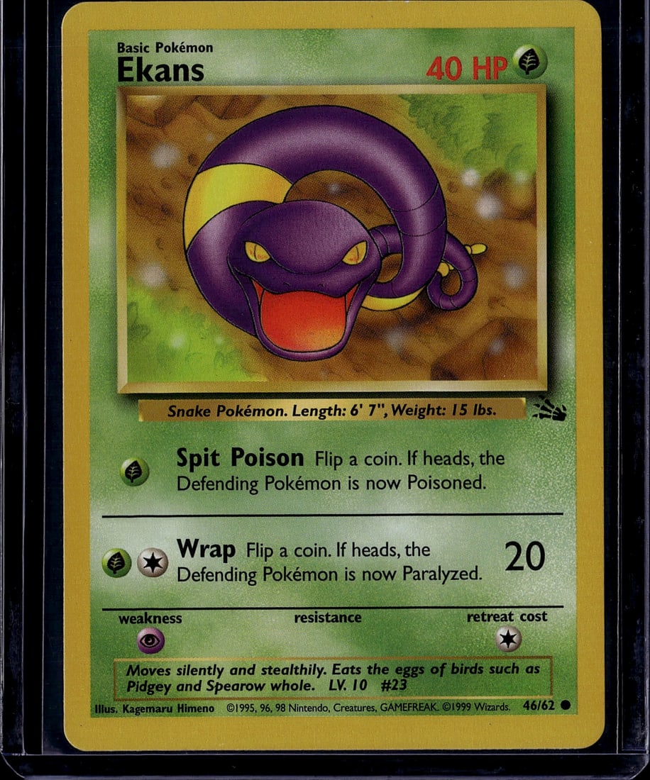 1999 Pokemon Base Set Ekans 46/62 Grass Type: This is an authentic 1999 Pokemon Trading Card Game Base Set Ekans card, numbered 46/62. Ekans is a Basic Grass-type Snake Pokemon with 40 HP featuring the signature attacks Spit Poison and Wrap. The