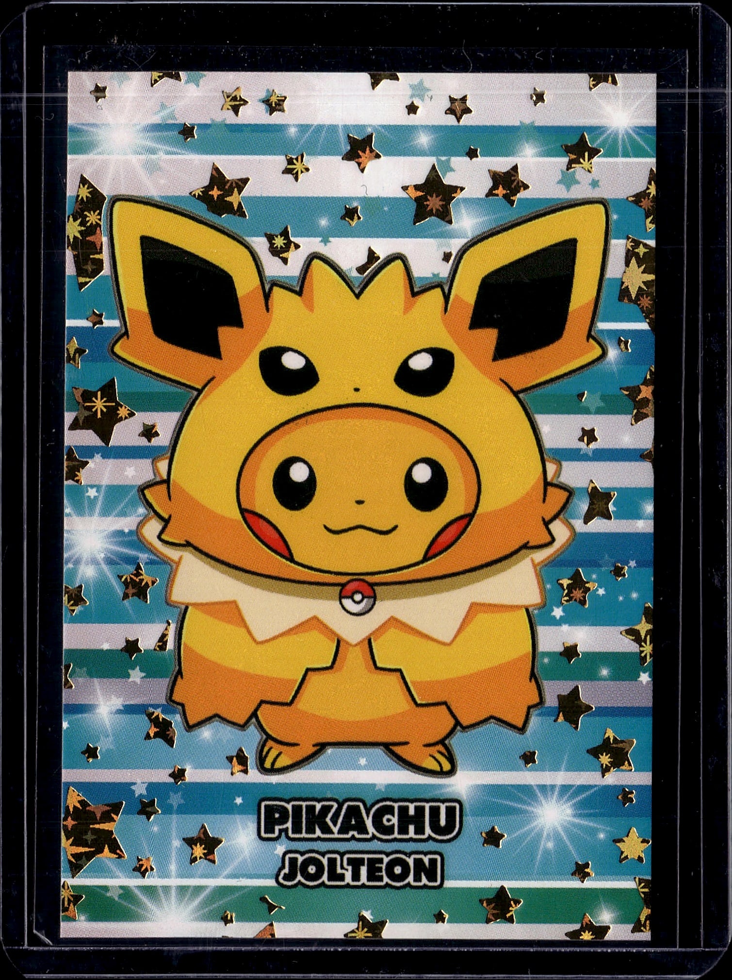 Pikachu Jolteon Pokemon Trading Card - Mint: This is a vibrant Pikachu Jolteon Pokemon trading card. The card features a striking illustration of Pikachu wearing a Jolteon-inspired costume or transformation, set against a dynamic blue and white